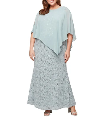Ignite Evenings Plus Size Short Sleeve Round Neck Beaded Sequin Floral Lace Caplet Gown