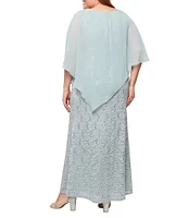 Ignite Evenings Plus Size Short Sleeve Round Neck Beaded Sequin Floral Lace Caplet Gown