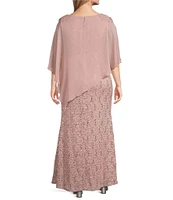 Ignite Evenings Plus Size Short Sleeve Round Neck Beaded Sequin Floral Lace Caplet Gown
