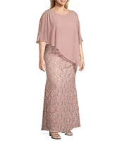 Ignite Evenings Plus Size Short Sleeve Round Neck Beaded Sequin Floral Lace Caplet Gown