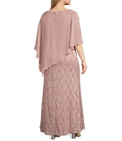 Ignite Evenings Plus Size Short Sleeve Round Neck Beaded Sequin Floral Lace Caplet Gown