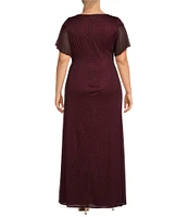 Ignite Evenings Plus Size Short Sleeve Round Neck Front Slit Glitter Jersey Dress