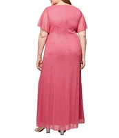 Ignite Evenings Plus Size Short Sleeve Round Neck Front Slit Glitter Jersey Dress