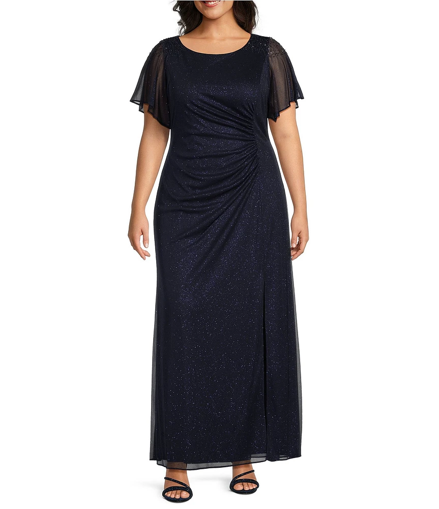 Ignite Evenings Plus Size Short Sleeve Round Neck Front Slit Glitter Jersey Dress