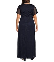 Ignite Evenings Plus Size Short Sleeve Round Neck Front Slit Glitter Jersey Dress