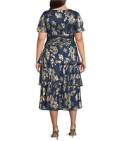 Ignite Evenings Plus Size Short Sleeve V-Neck Tiered Floral Midi Dress