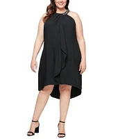 Ignite Evenings Plus Size Sleeveless Beaded Halter Neck High-Low Hem Satin Crepe Dress