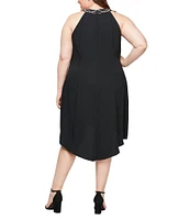 Ignite Evenings Plus Size Sleeveless Beaded Halter Neck High-Low Hem Satin Crepe Dress