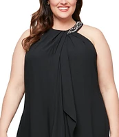 Ignite Evenings Plus Size Sleeveless Beaded Halter Neck High-Low Hem Satin Crepe Dress