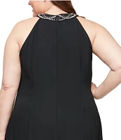 Ignite Evenings Plus Size Sleeveless Beaded Halter Neck High-Low Hem Satin Crepe Dress