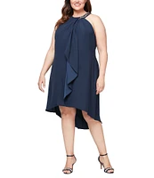 Ignite Evenings Plus Size Sleeveless Beaded Halter Neck High-Low Hem Satin Crepe Dress