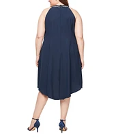 Ignite Evenings Plus Size Sleeveless Beaded Halter Neck High-Low Hem Satin Crepe Dress