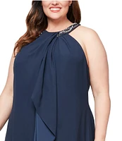 Ignite Evenings Plus Size Sleeveless Beaded Halter Neck High-Low Hem Satin Crepe Dress