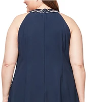 Ignite Evenings Plus Size Sleeveless Beaded Halter Neck High-Low Hem Satin Crepe Dress