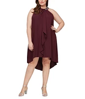 Ignite Evenings Plus Size Sleeveless Beaded Halter Neck High-Low Hem Satin Crepe Dress