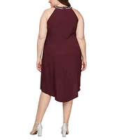 Ignite Evenings Plus Size Sleeveless Beaded Halter Neck High-Low Hem Satin Crepe Dress