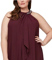 Ignite Evenings Plus Size Sleeveless Beaded Halter Neck High-Low Hem Satin Crepe Dress