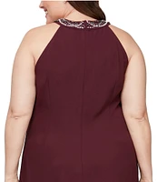 Ignite Evenings Plus Size Sleeveless Beaded Halter Neck High-Low Hem Satin Crepe Dress