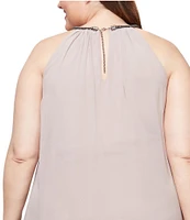 Ignite Evenings Plus Size Sleeveless Embellished Halter Neck Chiffon Dress