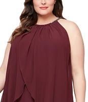 Ignite Evenings Plus Size Sleeveless Embellished Halter Neck Chiffon Dress