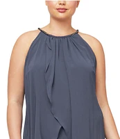 Ignite Evenings Plus Size Sleeveless Embellished Halter Neck Chiffon Dress