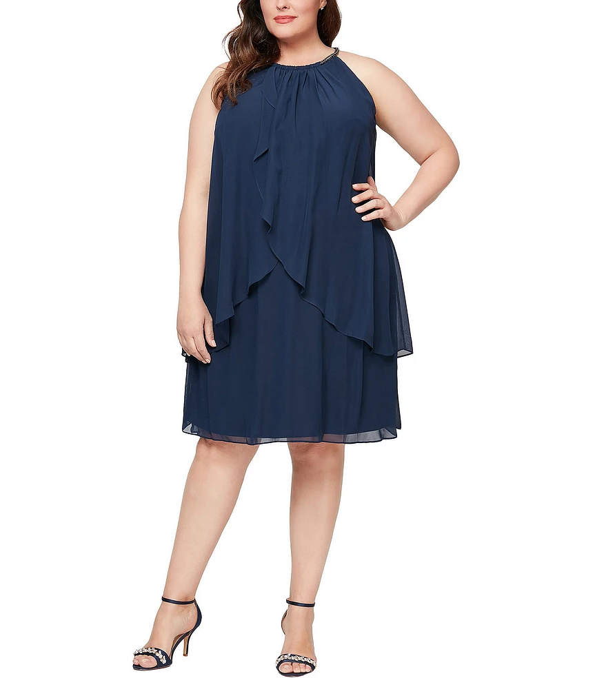 Ignite Evenings Plus Size Sleeveless Embellished Halter Neck Chiffon Dress