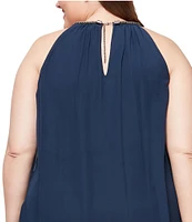 Ignite Evenings Plus Size Sleeveless Embellished Halter Neck Chiffon Dress