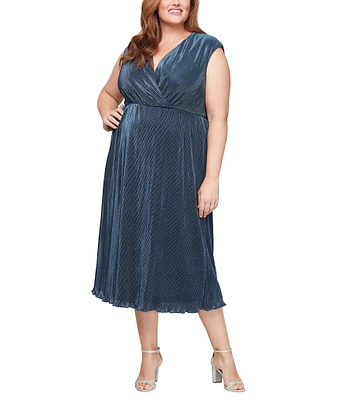 Ignite Evenings Plus Size Surplice Neck Cap Sleeve Glitter Pleated Knit Blouson Midi Dress