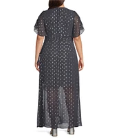 Ignite Evenings Plus Size Surplice V-Neck Flutter Sleeve Cascade Ruffle Chiffon Foil Printed Gown