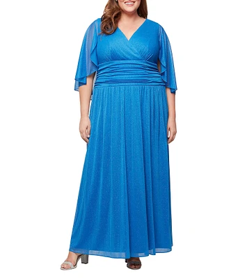 Ignite Evenings Plus Size V-Neck 3/4 Illusion Sleeve Glitter Mesh A-Line Gown