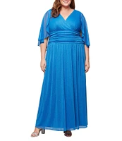 Ignite Evenings Plus Size V-Neck 3/4 Illusion Sleeve Glitter Mesh A-Line Gown