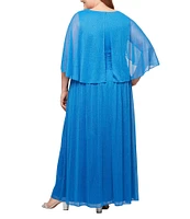 Ignite Evenings Plus Size V-Neck 3/4 Illusion Sleeve Glitter Mesh A-Line Gown