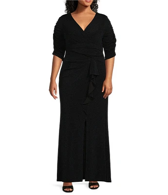 Ignite Evenings Plus Size V-Neck Ruched 3/4 Sleeve Cascade Ruffle Skirt Metallic Knit Sheath Gown