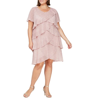 Ignite Evenings Plus Size V-Neck Shimmer Tiered Short Sleeve Dress
