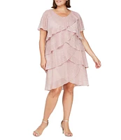 Ignite Evenings Plus Size V-Neck Shimmer Tiered Short Sleeve Dress