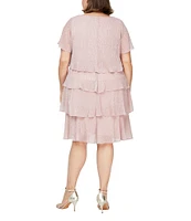 Ignite Evenings Plus Size V-Neck Shimmer Tiered Short Sleeve Dress