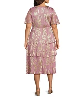 Ignite Evenings Plus Size V-Neck Tiered Metallic Foil Midi Dress