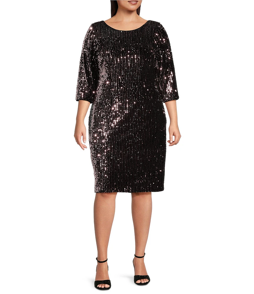 Ignite Evenings Plus Size Velvet Sequin Crew Neck 3/4 Sleeve Sheath Dress