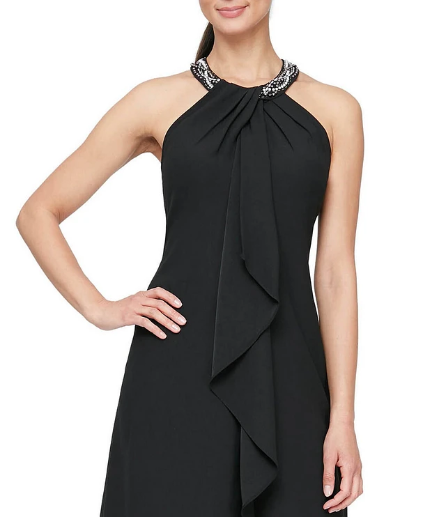 Compare Ignite Evenings Beaded Halter Neck Satin Back Crepe High-Low Ruffle  Front Sleeveless Dress | Hamilton Place