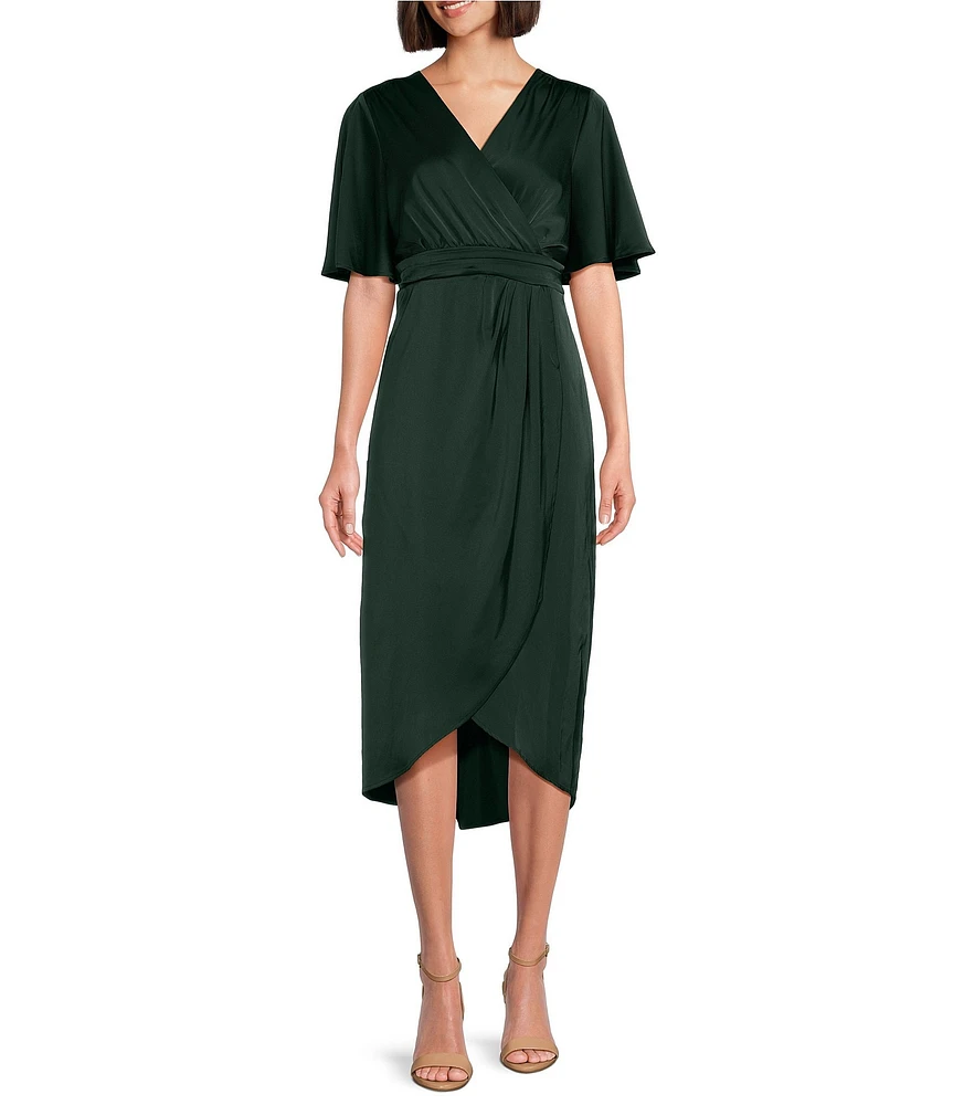 Ignite Evenings Satin Charmeuse Surplice V-Neck Ruched Waist Flutter Sleeves Midi Dress