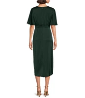 Ignite Evenings Satin Charmeuse Surplice V-Neck Ruched Waist Flutter Sleeves Midi Dress