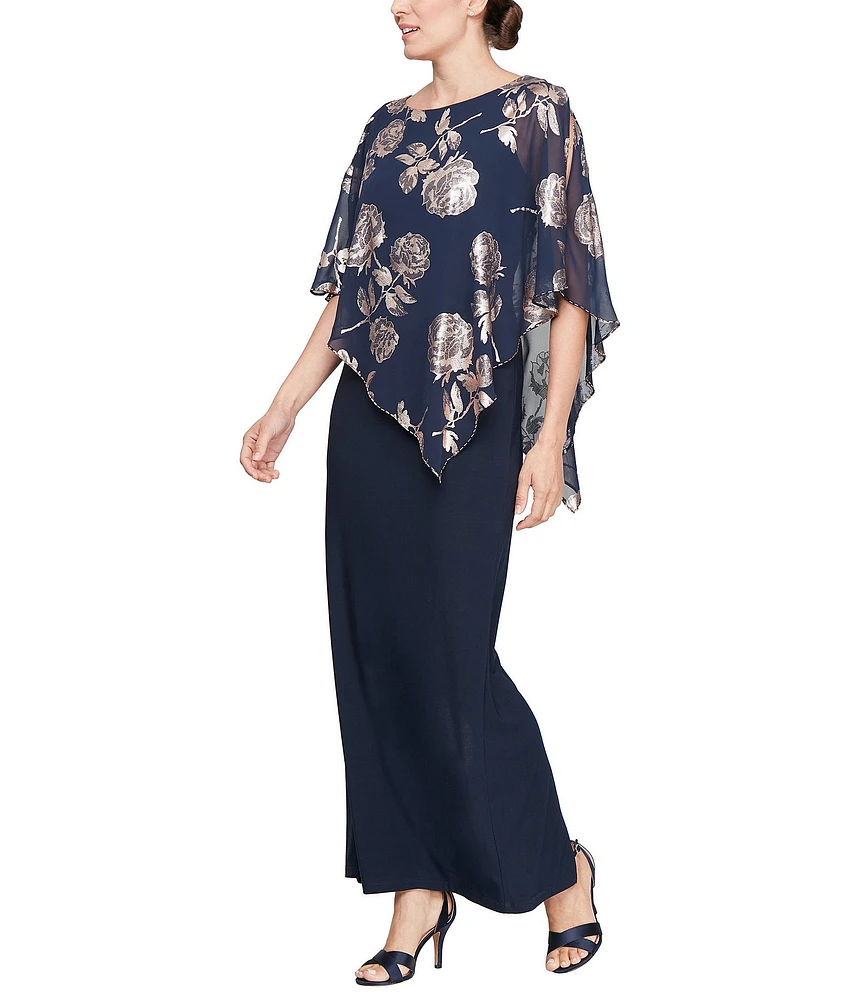 Ignite Evenings Scoop Neck 3/4 Overlay Sleeve Foil Print Floral Popover Gown