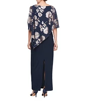 Ignite Evenings Scoop Neck 3/4 Overlay Sleeve Foil Print Floral Popover Gown