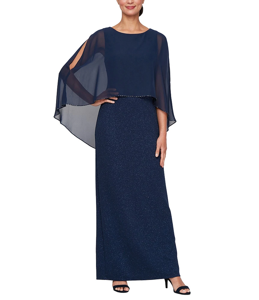 Ignite Evenings Scoop Neck Chiffon Overlay and 3/4 Sleeve with Bugle Bead Detail Sheath Dress