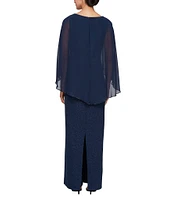 Ignite Evenings Scoop Neck Chiffon Overlay and 3/4 Sleeve with Bugle Bead Detail Sheath Dress