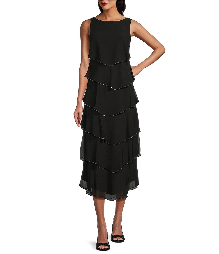 Ignite Evenings Scoop Neck Sleeveless Tiered Chiffon Midi Dress