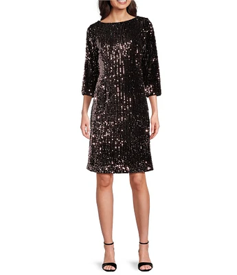 Ignite Evenings Sequin Velvet Crew Neck 3/4 Sleeve Sheath Dress