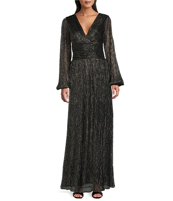 Ignite Evenings Shimmer Bodre Surplice Neck Long Sleeve Ruched Waist A-Line Dress