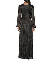 Ignite Evenings Shimmer Bodre Surplice Neck Long Sleeve Ruched Waist A-Line Dress