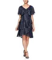 Ignite Evenings Shimmer Tiered Ruffle V-Neck Embellishment Short Flutter Sleeve Shift Dress